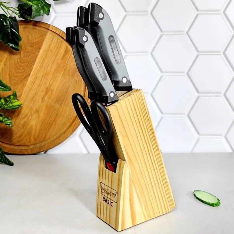 Комплект кухонних ножів MR-1407 (7 од.) з ножицями та дерев’яною підставкою, фото 1