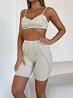 Жіночий фітнес костюм молочний комплект для спорту залу йоги з велосипедками і топом зі швами навиворіт S