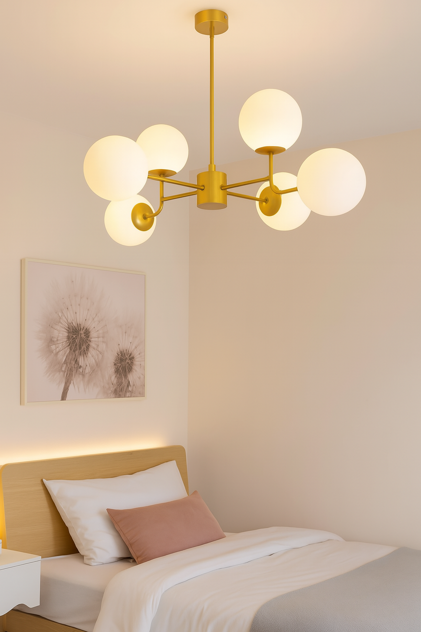 Люстра велика металева з кулями у золотому кольорі, фото 1