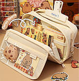 Великий шкільний пенал Капібара + значок + наклейки для дівчаток в школу Косметичка для ручок олівців Бежевий, фото 2