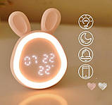 Дитячий LED-годинник Зайчик із підсвічуванням будильником і сенсором температури на акумуляторі USB, фото 3