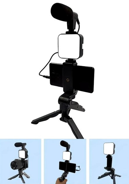 Набір блогера 4 в 1 AY-49 штатив мікрофон LED-підсвітка тримач телефона Bluetooth пульт, фото 1