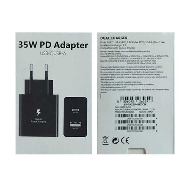 Мережевий адаптер 35 Вт із підтримкою швидкого заряджання USB-C і USB-A чорний, фото 1