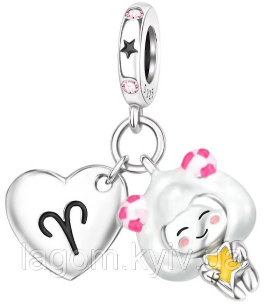 Срібний шарм-підвіска в стилі Pandora 925 проба Aries знак зодіаку Овен шармик-намистина на браслет ПАНДОРА, фото 1