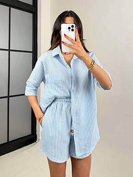 Костюм жіночий літній з льону у полоску сорочка і шорти (Норма)