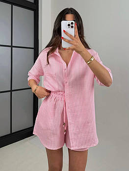 Костюм жіночий літній з льону у полоску сорочка і шорти (Норма)