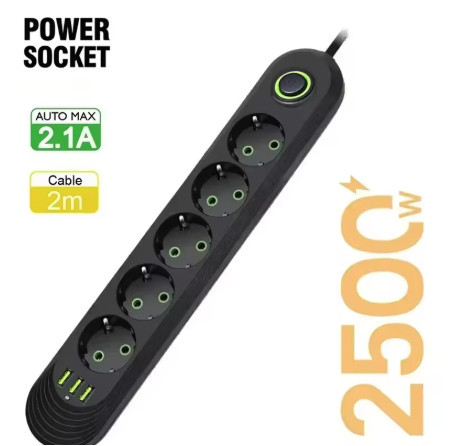 Розгалужувач мережі з USB 5*220 В 3*USB, фото 1