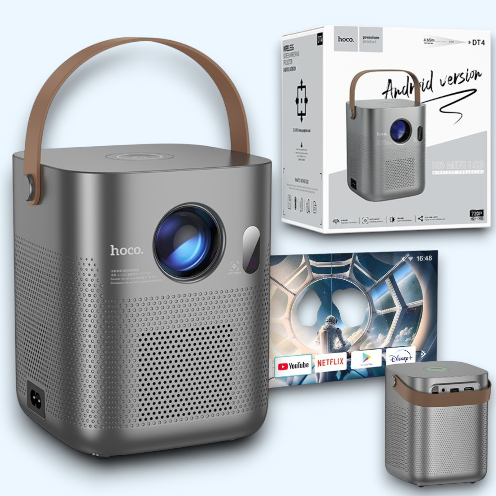 Проектор Hoco DT4 Android 720P Wi-Fi Bluetooth автофокус металевий, Розумний портативний проектор, metal grey, фото 1