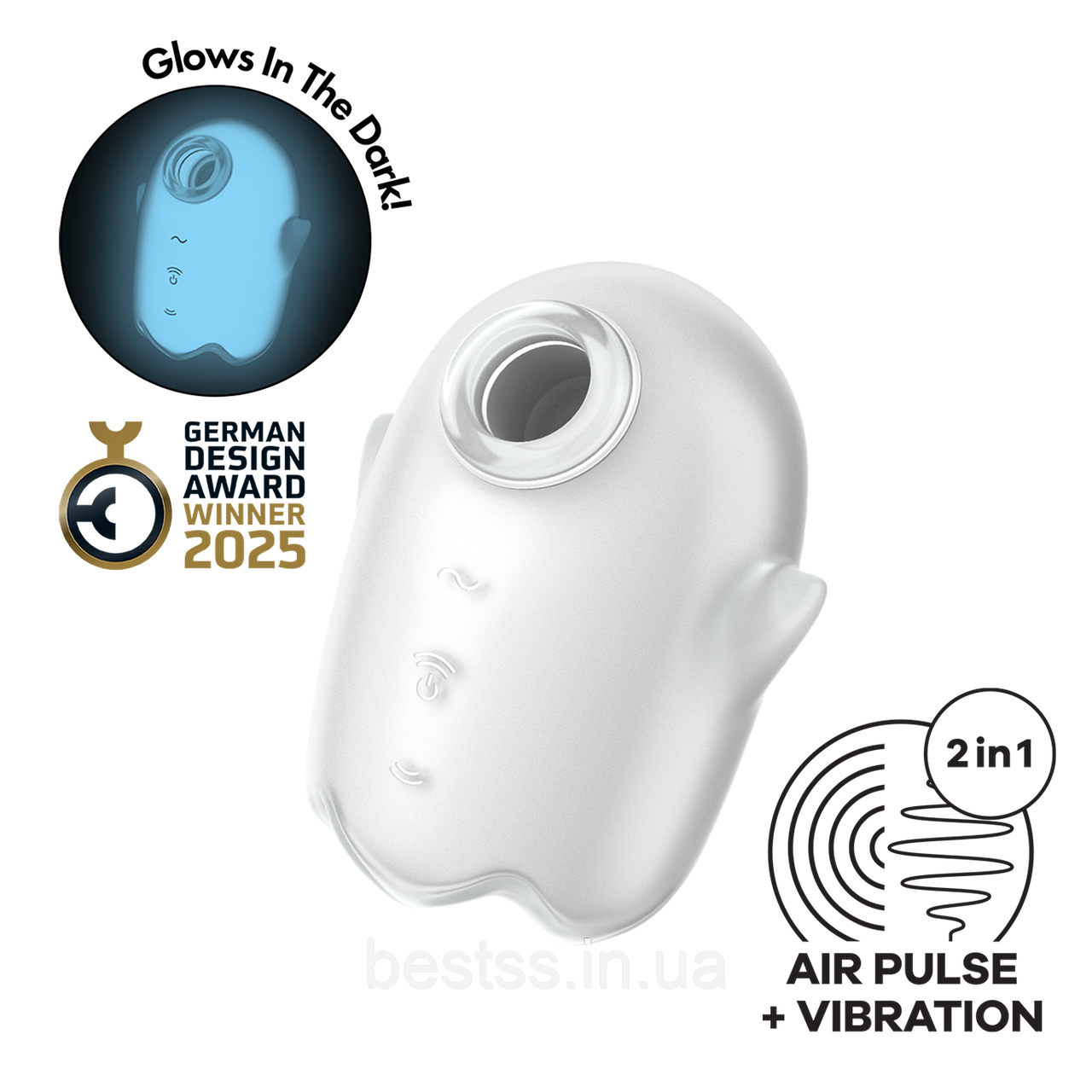 Кліторальний вібростимулятор з 12 режимами вібрації та 11 інтенсивностями повітряних імпульсів Satisfyer Glowing Ghost White