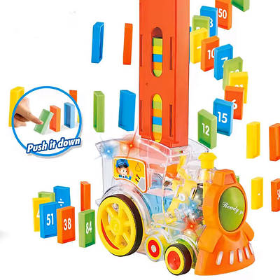 Дитяча іграшка паровозик машинка з доміно / Іграшковий поїзд для укладання цеглинок Domino train світло і звук