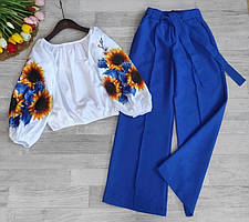 Костюм на дівчинку блузка вишиванка штани палаццо синій 128 см
