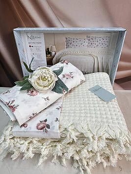 Комплект бавовняної постільної білизни ранфорс з вафельним покривалом-пледом євро розмір Туреччина