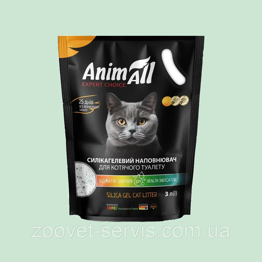 Силікагелевий наповнювач AnimAll для котячих лотків і туалетів з pH-індикатором, 3 л
