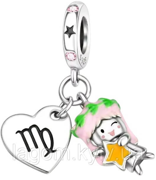 Срібний шарм-підвіска в стилі Pandora 925 проба Virgo знак зодіаку Діва шармик-намистина на браслет ПАНДОРА, фото 1