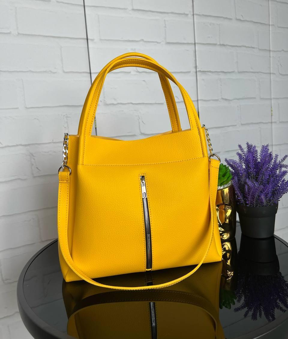 Велика сумка на плече міська модна стильная шоппер жовта шкірзам