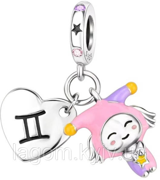 Срібний шарм-підвіска в стилі Pandora 925 проба Gemini знак зодіаку Близнюки шармик-намистина на браслет ПАНДОРА, фото 1