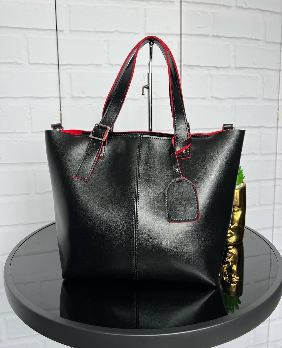 Велика жіноча сумка стильна шоппер міська на плече модна чорна з червоним екошкіра