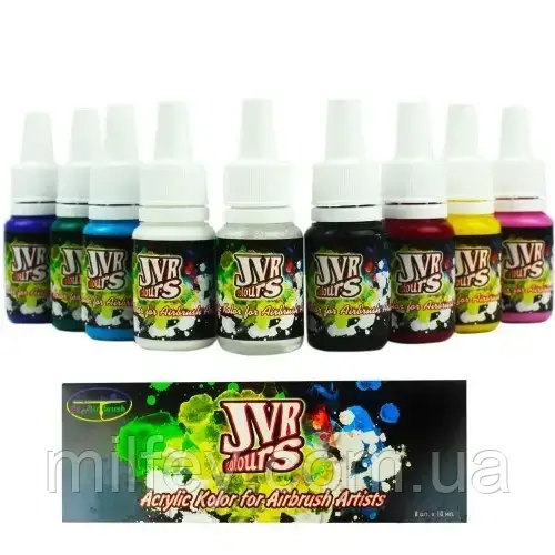 Набір фарб для аерографії, JVR Colors Base (8 кольорів + розчинник 10 мл), фото 1