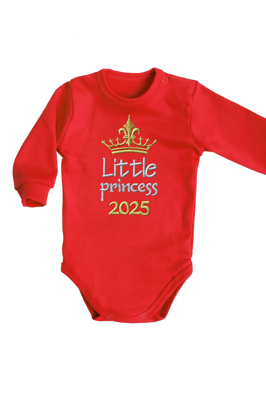 Червоне боді для дівчинки Little Princess з вишивкою корони та роком 2025 довгий рукав індивідуально