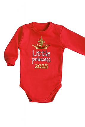 Червоне боді для дівчинки Little Princess з вишивкою корони та роком 2025 довгий рукав індивідуально, фото 1
