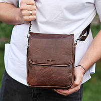 Чоловіча шкіряна сумочка через плече 24х20х6, месенджер із натуральної шкіри Tiding Bag, коричнева, фото 2