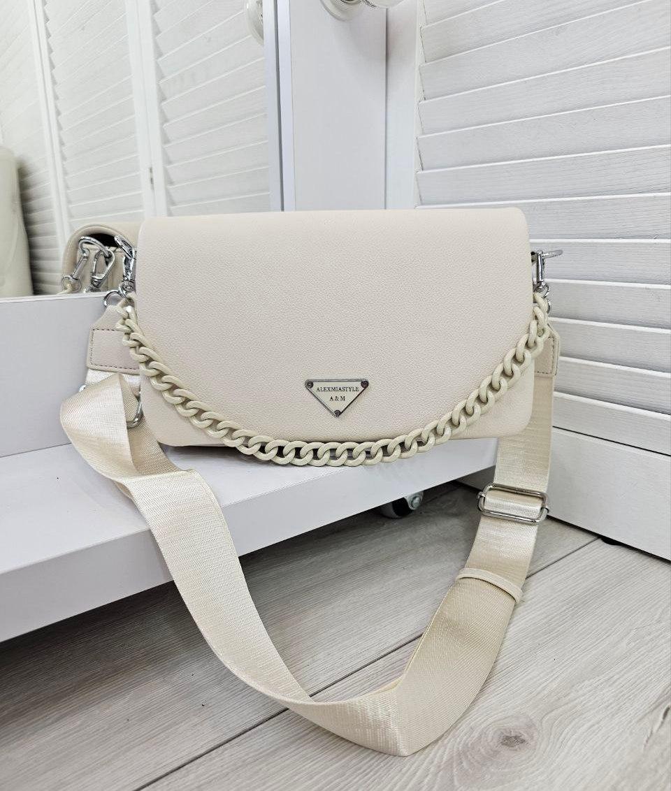 Жіноча сумка невелика зручна сумочка через плече стильна бежева екошкіра, фото 1