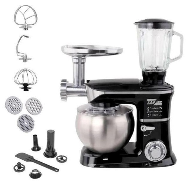 Кухонна машина комбайн Zepline ZP-072 Міксер тістоміс 7 л Блендер 1,5 л М'ясорубка 6 режимів 3200 Вт Чорний/Сірий, фото 1
