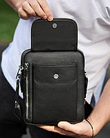 Чоловіча барсетка через плече 19x24x7.5 / шкіряна планшетка плечова / месенджер чоловічий чорний, фото 3