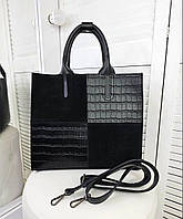 Жіноча сумка квадратна формату А4 містка чорна натуральна замша+екошкіра