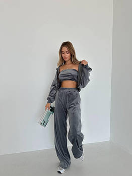 Жіночий велюровий спортивний костюм трійка кофта, топ і штани (Норма)