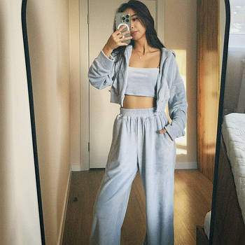 Жіночий велюровий спортивний костюм трійка кофта, топ і штани (Норма)