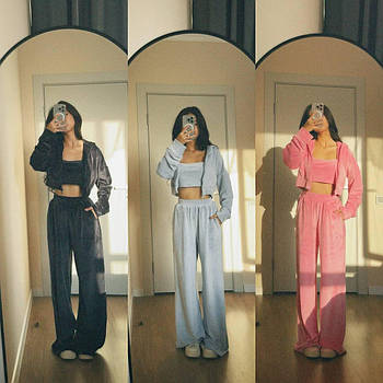 Жіночий велюровий спортивний костюм трійка кофта, топ і штани (Норма)