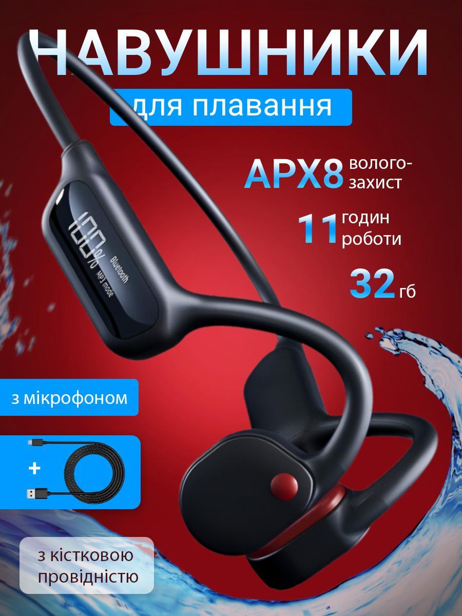 Навушники для плавання басейну бігу спорту бездротові кісткові IPX8 водонепроникні спортивні з кістковою провідністю блютуз blueto