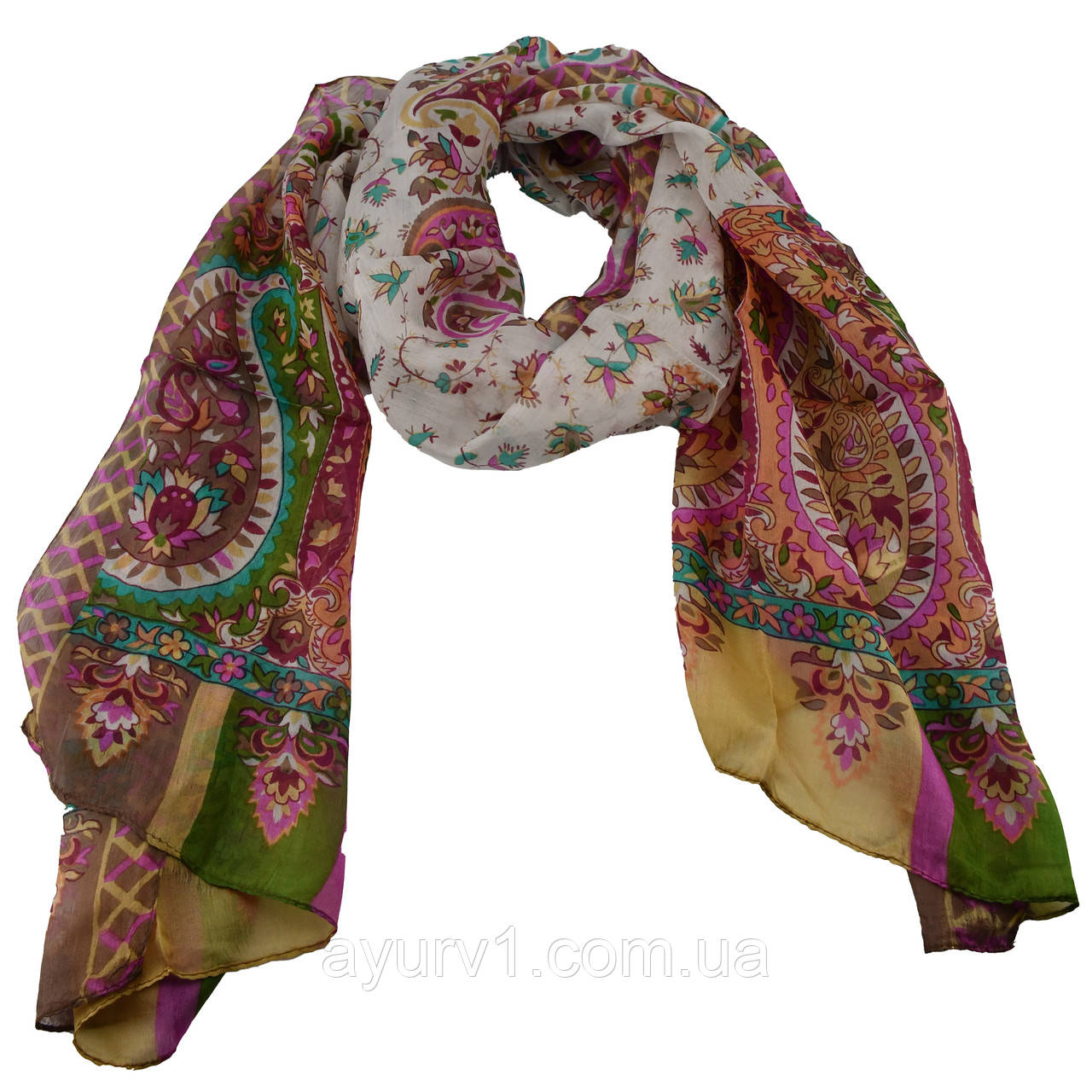 Шарф шовковий, індійський, східний принт 163 х 49см