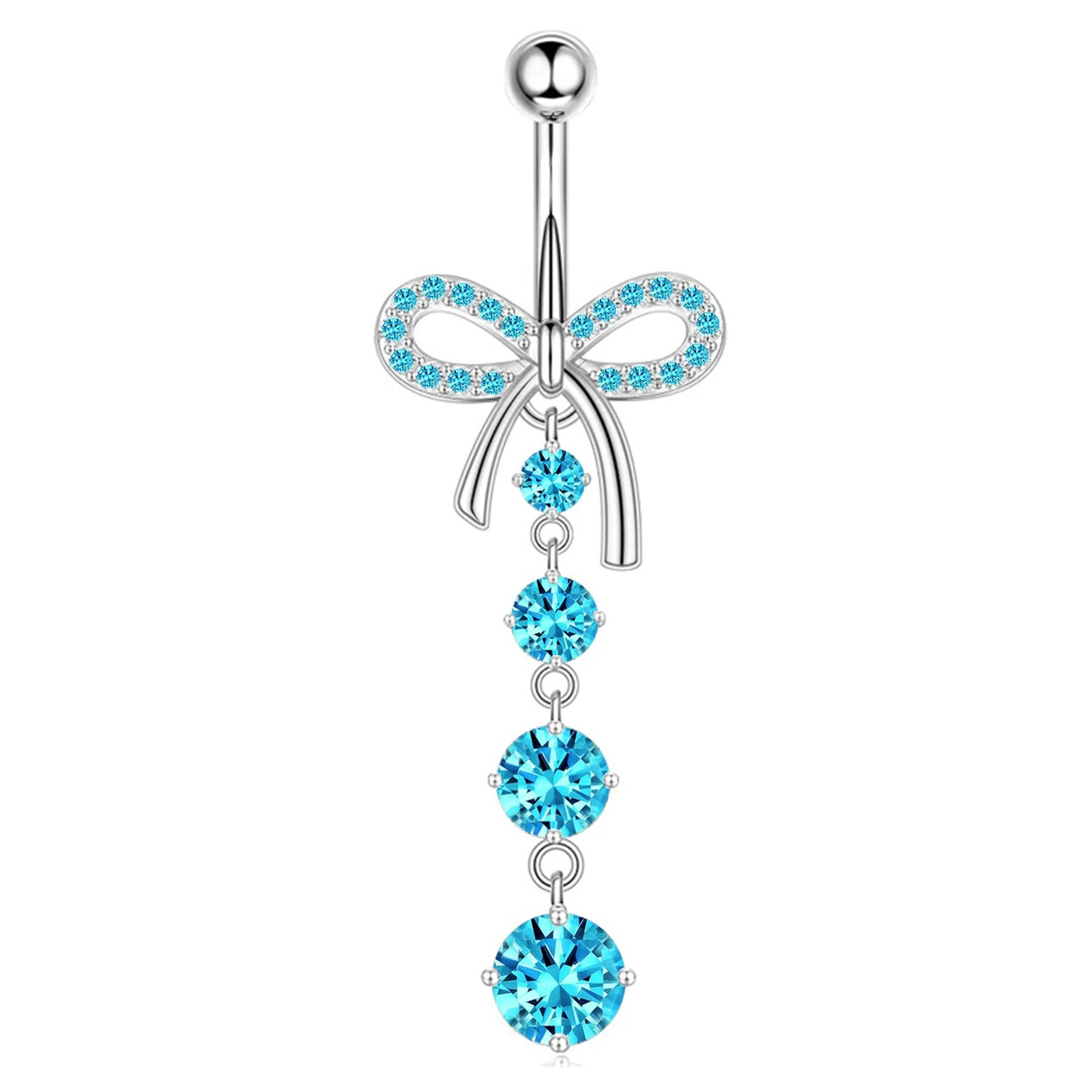 Сережка для пірсингу пупка срібляста бантик 4 блакитні кристали 5.3 см титанова сталь OrnatusDivinus771, фото 1
