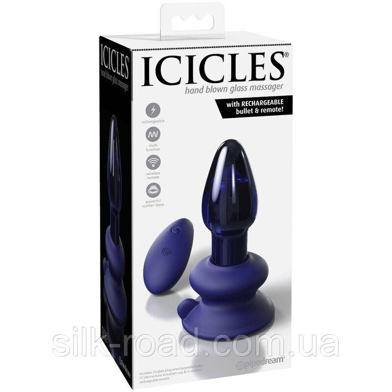 Скляна анальна вібропробка із пультом Pipedream Icicles синя