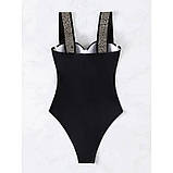 Жіночий суцільний чорний купальник зі сріблястими вставками, фото 2
