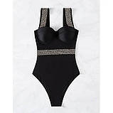 Жіночий суцільний чорний купальник зі сріблястими вставками, фото 3