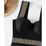 Жіночий суцільний чорний купальник зі сріблястими вставками, фото 5