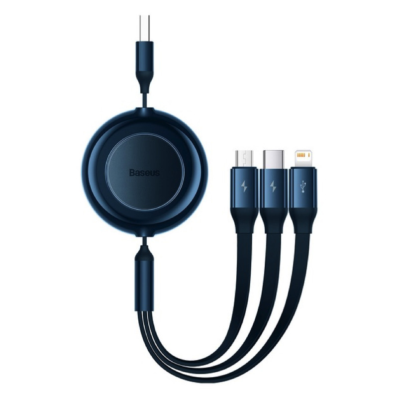 Кабель Baseus Bright Mirror 2 Series Retractable 3-in-1 Fast Charging Data Cable USB to M+L+C 3.5A 1.1m Blue, фото 1