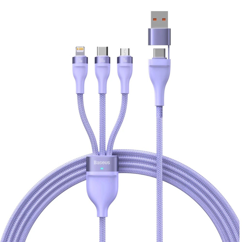 Кабель Baseus Flash Series Ⅱ Two-for-three Charging Cable U+C to M+L+C 100W 1.2m Purple, фото 1