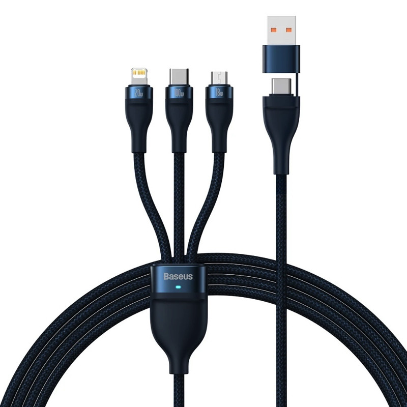 Кабель Baseus Flash Series Ⅱ Two-for-three Charging Cable U+C to M+L+C 100W 1.2m Blue, фото 1