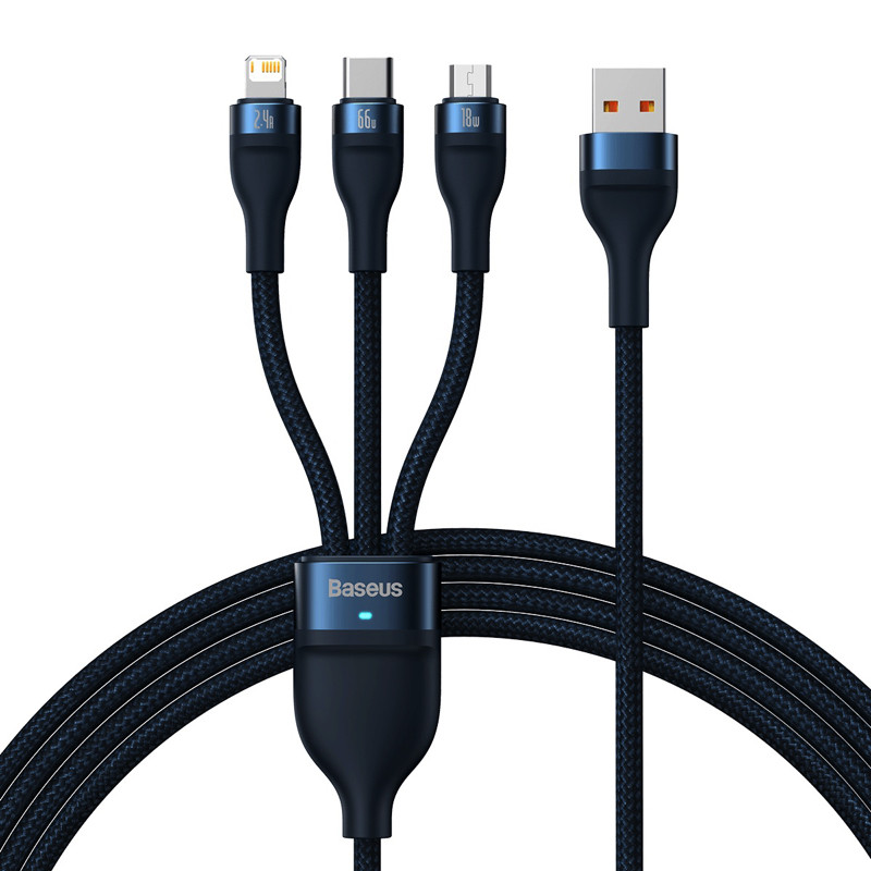 Кабель Baseus Flash Series Ⅱ One-for-three Fast Charging Data Cable USB to M+L+C 66W 1.2m Blue, фото 1