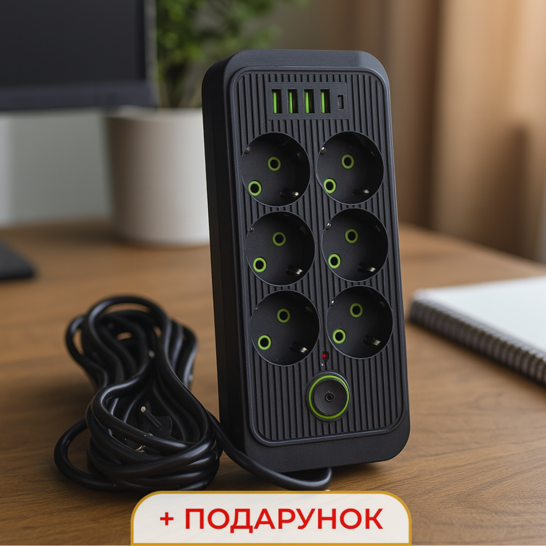 Мережевий фільтр 5 м подовжувач F06U на 6 розеток 4 USB 1 Type-C та кнопкою відключення, Чорний Lugi