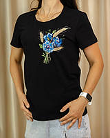 Футболка з вишивкою жіноча чорна Волошковий букет, футболка вишиванка,футболка з вишиванкою,футболка вишита