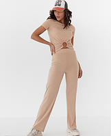 Трикотажный женский комплект с футболкой и широкими штанами коричневый летний костюм женский размер L/XL