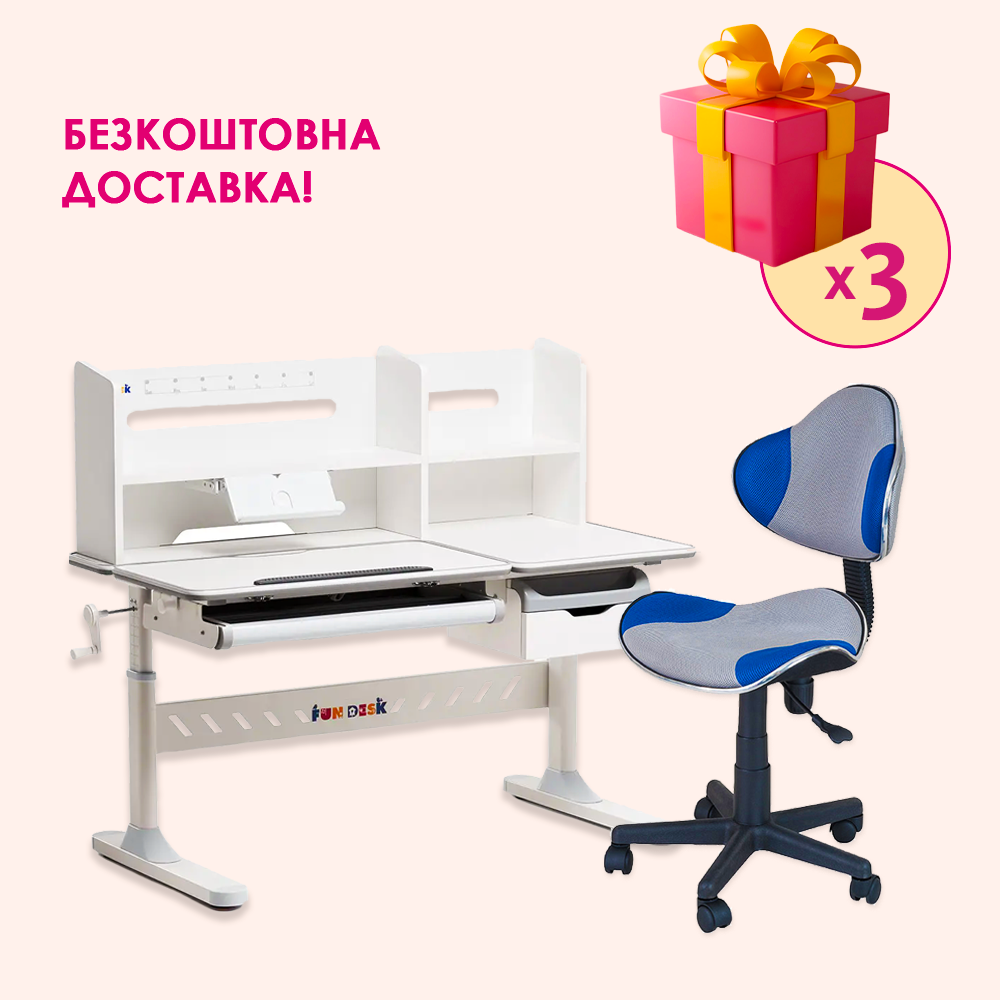 Комплект для підлітка парта Fundesk Fiore II Grey + стілець для школяра FunDesk LST3 Blue-Grey