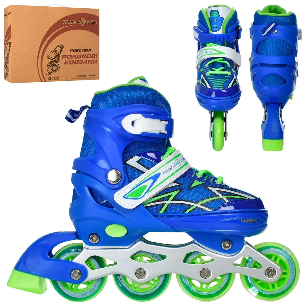 Ролики A4142-M-BL (35–38), розсувні, шнурівка+бакля, алюмінієва рама, колеса PU 70 мм, 1 колесо зі світлом, сині, фото 1