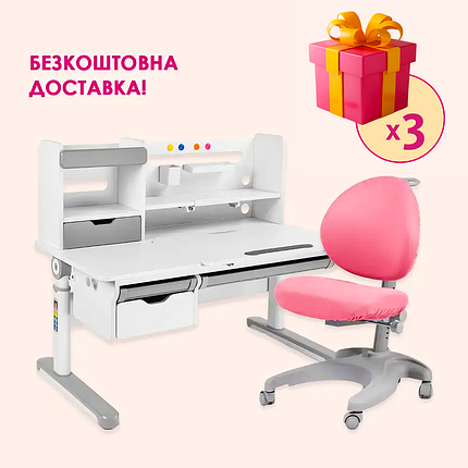 Зростаючий комплект для школярів парта FunDesk Pensare Grey + дитяче крісло FunDesk Cielo Pink, фото 1