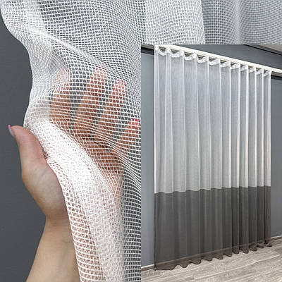 Тюль сітка льон. Колір білий з графітовим. Код 1748т